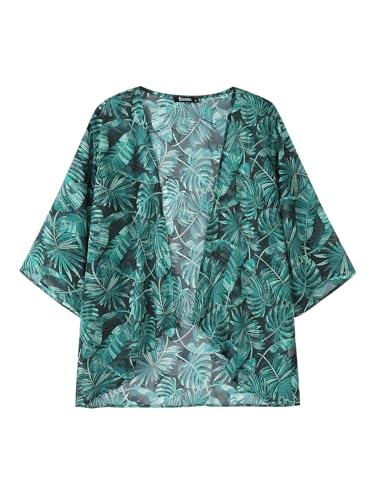 ZANZEA Kimono Damen Strand Summer Bikini Cover Up Kurz 3/4 Ärmel Cardigan Poncho Damen Sommer Blätter-Cyan XL von ZANZEA
