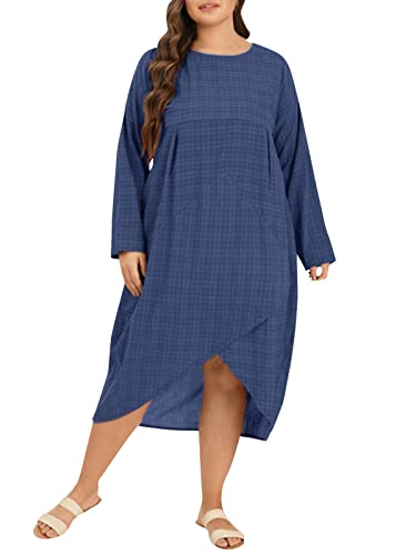 ZANZEA Langarm Kleider Damen Rundhals Langarm Freizeitkleider Unregelmäßige Midi Kleider Blau XL von ZANZEA