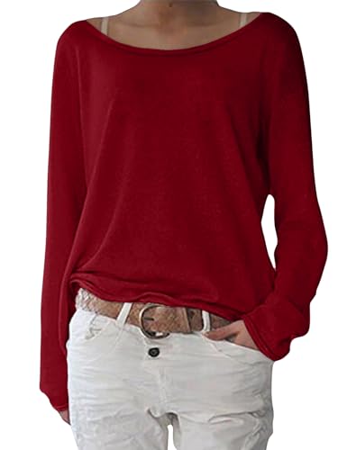 ZANZEA Langarmshirt Pullover Basic Oberteile Oversize Rundhals Ausschnitt Shirt Einfarbig Tops Pullover Sweatshirt Weinrot S von ZANZEA