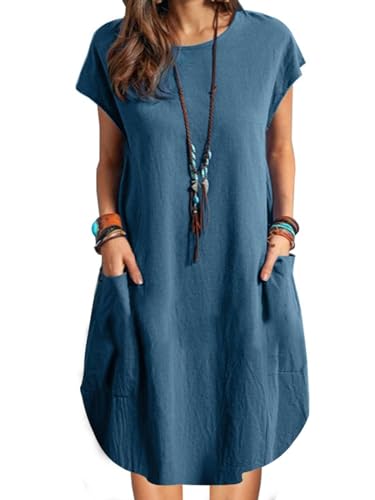 ZANZEA Leinenkleid Damen Sommer Casual Rundhals Kurzarm Strandkleid Knielang Leicht Minikleid Blaues 4XL von ZANZEA