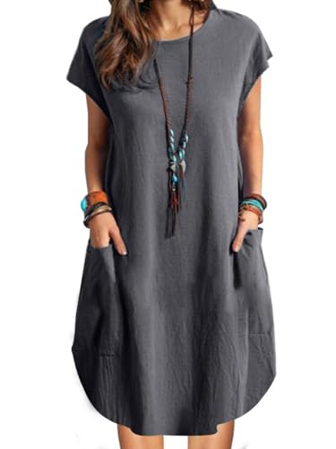 ZANZEA Leinenkleid Damen Sommer Casual Rundhals Kurzarm Strandkleid Knielang Leicht Minikleid Grau XXL von ZANZEA