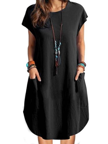 ZANZEA Leinenkleid Damen Sommer Casual Rundhals Kurzarm Strandkleid Knielang Leicht Minikleid Schwarz L von ZANZEA