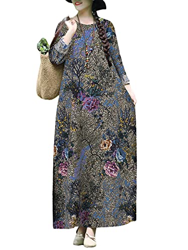 ZANZEA Maxikleid Langarm Damen Leinen Leicht Herbstkleider Oversize Lose Blumendruck Kleider A-Linie Elegant Boho Kleid B-Blau 5XL von ZANZEA