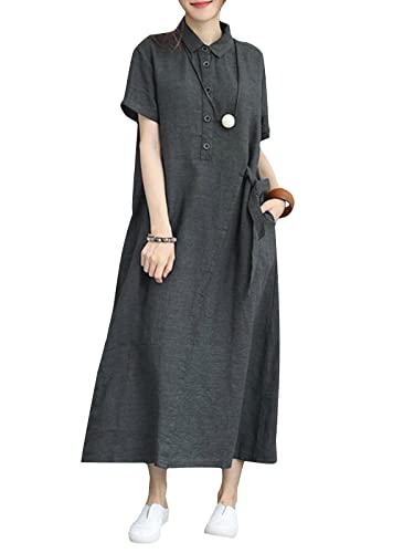 ZANZEA Maxikleider Damen Sommer Einfarbig Elegant Lang Sommerkleid Kurzarm Revers Button Down Freizeitkleid Große Größen Vintage Lose Strandkleid F-Grau XXL von ZANZEA