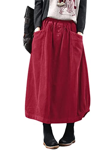 ZANZEA Rock Damen Lang Elegant A-Linie Locker Cord Maxirock Retro Einfarbig Winterrock Große Größen Lose Thermorock mit Taschen A-Rot 4XL von ZANZEA