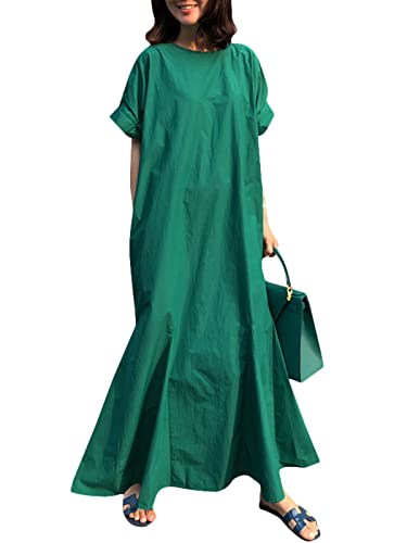 ZANZEA Sommerkleider Damen Casual Sommer Kurzarm Leinenkleid Rundhals Lang Strand Maxikleider Rüschenärmel Einfarbig Blusenkleid I-Grün 4XL von ZANZEA