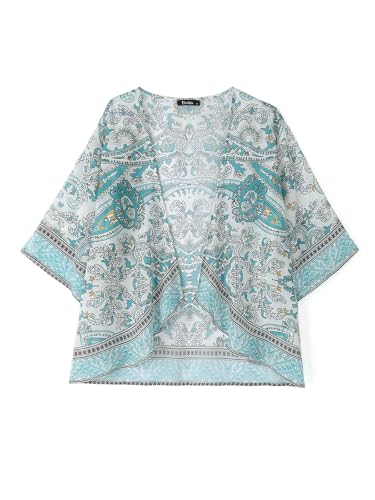 ZANZEA Strand Kimono Damen 3/4 Ärmel Kurz Chiffon Sommerjacke Blumen Leichte Cardigan Boho Bikini Cover Up Blumen-Grün L von ZANZEA