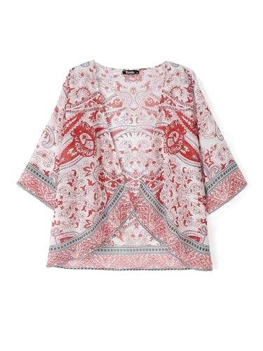 ZANZEA Strand Kimono Damen 3/4 Ärmel Kurz Chiffon Sommerjacke Blumen Leichte Cardigan Boho Bikini Cover Up Blumen-Rot S von ZANZEA