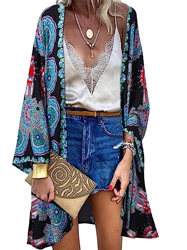 ZANZEA Strandkleid Damen Lang Sommer Pareo Strandtunika Strandponcho Bikini Cover Up Bohème Kimono Cardigan Strandmode Beach Dress Sommerkleid Vertuschen D-Schwarz M von ZANZEA