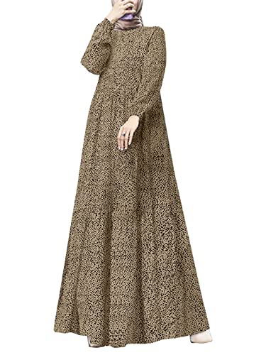 ZANZEA Tunika Kleid Damen Lang Rundhals Elegant Sommerkleid Langarm Blumen Rüschen Maxikleider Hohe Taille Boho Partykleid F-Khaki 3XL von ZANZEA