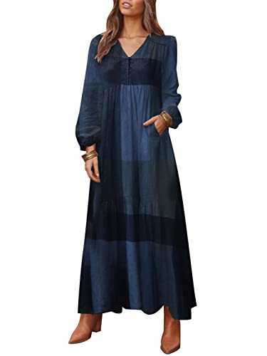 ZANZEA Womens Casual Maxi Kleider V-Ausschnitt Button Up Langarm Patchwork Block Lose Kaftan Kleid in voller Länge mit Tasche E-Blau 3XL von ZANZEA