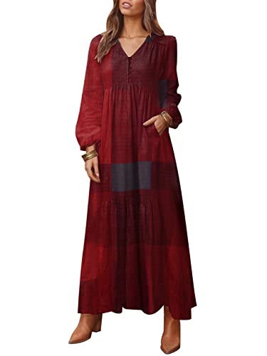 ZANZEA Womens Casual Maxi Kleider V-Ausschnitt Button Up Langarm Patchwork Block Lose Kaftan Kleid in voller Länge mit Tasche E-Weinrot L von ZANZEA