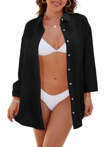 ZAZNEA Damen Strandkleid Bikini Cover Up Sommer Strandbluse Strandhemd V-Ausschnitt Strandponcho Bademode Strand Hellschwarz M von ZANZEA