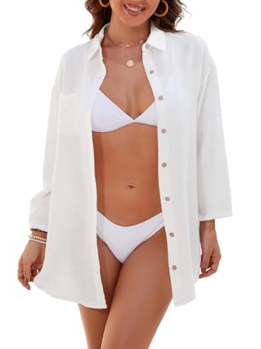 ZAZNEA Damen Strandkleid Bikini Cover Up Sommer Strandbluse Strandhemd V-Ausschnitt Strandponcho Bademode Strand Hellweiß S von ZANZEA