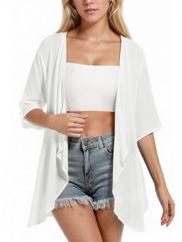 ZAZNEA Kimono Damen Lang Summer Bikini Cover Up Oversized Leinen Jacke Strand Strandponcho Hellweiß M von ZANZEA