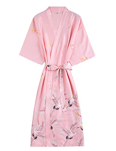 ZAPZEAL Damen Morgenmantel Kimono Satin Robe Kurze Nachtwäsche V Ausschnitt Bademantel Mit Gürtel Robe für Hochzeit Party Pool Party,Rosa XL EU-Länge 118cm von ZAPZEAL