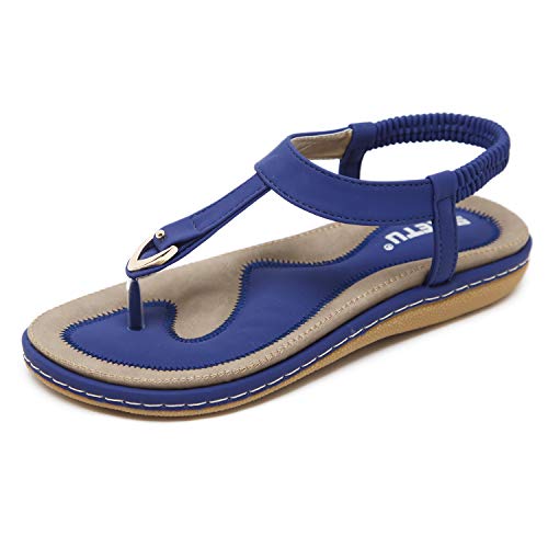 ZAPZEAL Damen Sandalen Flach Sommerschuhe PU Leder Bohemia Flach Sandalen Zehentrenner Blau 37 EU von ZAPZEAL