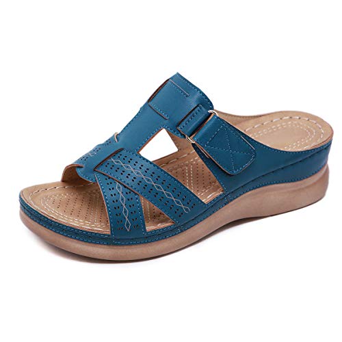 ZAPZEAL Damen Sandalen Schlappen Flache Sommer Sandaletten Peep Toe Plateau Strand Hausschuhe Pantoletten Bequeme für Alltagskleidung Party Hochzeit,Blau 39 EU von ZAPZEAL