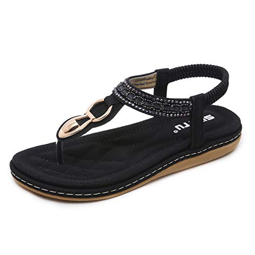 ZAPZEAL Damen Sandalen Sommer Schuhe Strandschuhe Flach Zehentrenner Sandalen für Mädchen Schwarz 36 EU von ZAPZEAL