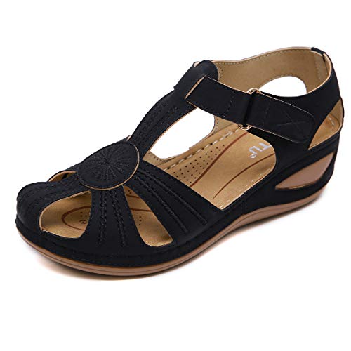 ZAPZEAL Damen Sommer Sandalen Lässige Flache Schuhe Plateau Flat Heel Elegant Römersandalen Pantoletten Peep Toe Flip Flop Schuhe Strandsandalen,Schwarz 44 EU von ZAPZEAL