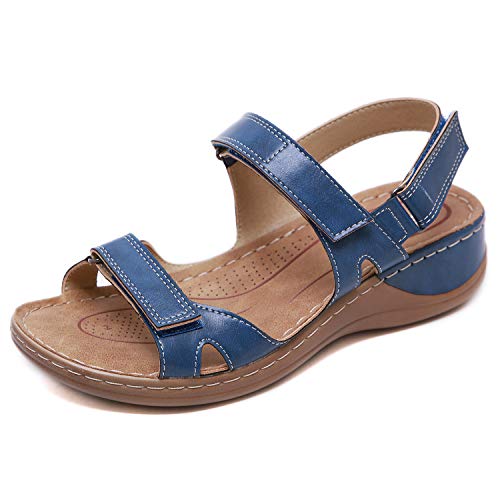 ZAPZEAL Frauen Sandalen Bequeme Plattform Sandale Sommer Offene Schuhe PU Leder Wedge Heel Flatform Ledersandalen Casual Römische Schuhe,Blau 43 EU von ZAPZEAL