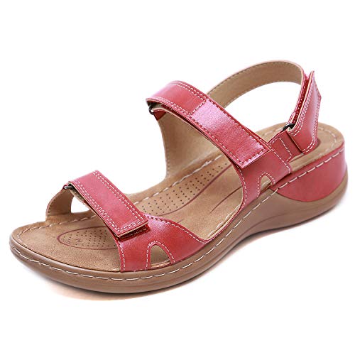 ZAPZEAL Frauen Wandern Sandalen Sommer Schuhe PU Leder Outdoor Sandalen Flach Urlaub Freizeit Schuhe Verstellbare Gemütliche Wanderschuhe,Rot 44 EU von ZAPZEAL