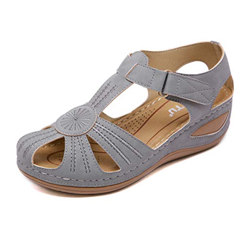 ZAPZEAL Plateau Sandalen Damen Sommer Keilabsatz Pantoletten Flach Geschlossene Wedges Sandaletten Halbschuhe Vintage Frauen für Party Shopping,Grau 39 EU von ZAPZEAL