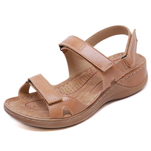 ZAPZEAL Plateau Sandalen Damen Sommer Römersandalen Keilabsatz Pantoletten Flach Offener Zeh Slingback Wedges Sandaletten Halbschuhe Vintage Frauen,Braun 36 EU von ZAPZEAL