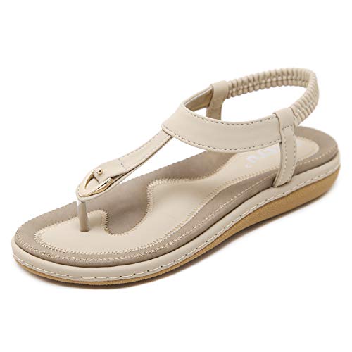 ZAPZEAL Sandalen Damen Sommerschuhe,Frauen Künstlicher Strass T-Strap Sommer Schuhe Schuh Damenschuhe Flip Flops Shoes Sandaletten Frauen Flache Offene Freizeitschuhe Strandschuhe Beige 37 EU von ZAPZEAL