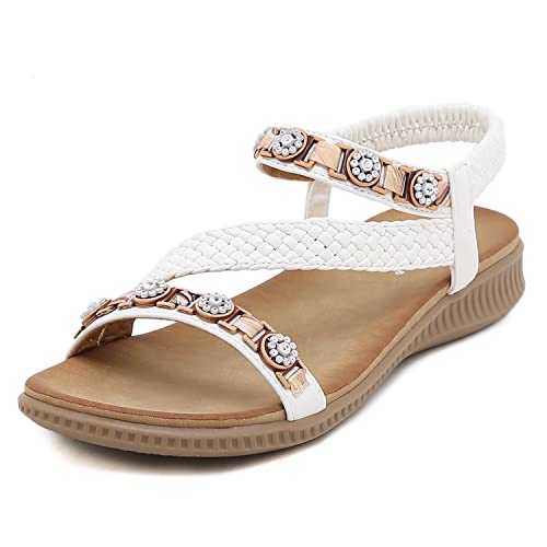 ZAPZEAL Sommersandalen für Damen mit offenem Zeh im Slip-On-Stil, elegante geflochtene Wanderschuhe, Weiss Größe EU 41 von ZAPZEAL