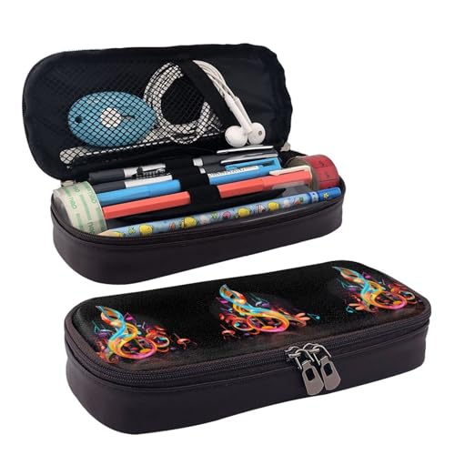 ZAQXSWCDEV Buntes Federmäppchen aus Leder mit Musiknoten, stilvolles braunes PU-Leder-Federmäppchen mit Reißverschluss und doppelseitigem Druck, perfekt für Schule, Büro, Reisen, Federmäppchen von ZAQXSWCDEV