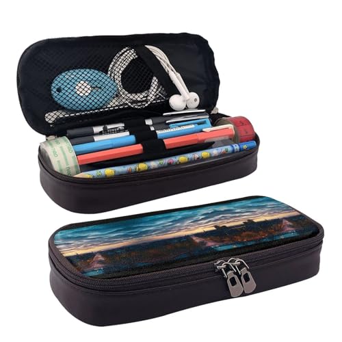 ZAQXSWCDEV Cityscape Dusk Leather Pencil Case - Stylish Brown Pu Leather Pencil Case with Zipper Closure and Double-Sided Print - Perfect for School, Office, Travel, Pencil Cases, Schwarz von ZAQXSWCDEV