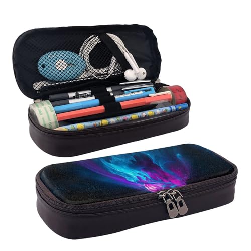 ZAQXSWCDEV Cooles Federmäppchen aus blauem und violettem Leder – stilvolles braunes PU-Leder Federmäppchen mit Reißverschluss und doppelseitigem Druck – perfekt für Schule, Büro, Reisen, Federmäppchen von ZAQXSWCDEV