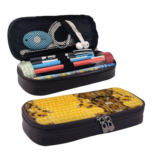 ZAQXSWCDEV Cute Bees Federmäppchen aus Leder, stilvolles braunes Federmäppchen aus PU-Leder, mit Reißverschluss und doppelseitigem Druck, perfekt für Schule, Büro, Reisen, Federmäppchen, Schwarz von ZAQXSWCDEV