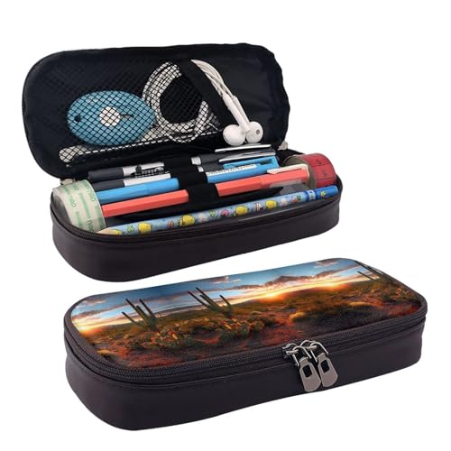 ZAQXSWCDEV Desert Sunset Leder-Federmäppchen – Stilvolles braunes PU-Leder Federmäppchen mit Reißverschluss und doppelseitigem Druck – perfekt für Schule, Büro, Reisen, Federmäppchen, Schwarz von ZAQXSWCDEV