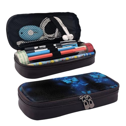 ZAQXSWCDEV Dunkelblaues Federmäppchen aus Leder mit Schmetterlingen, stilvolles braunes Federmäppchen aus PU-Leder, mit Reißverschluss und doppelseitigem Druck, perfekt für Schule, Büro, Reisen von ZAQXSWCDEV