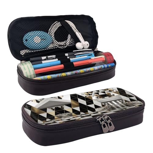 ZAQXSWCDEV Fashion Modern Black WHI Leather Pencil Case - Stylish Brown Pu Leather Pencil Case with Zipper Closure and Double-Sided Print - Perfect for School, Office, Travel, Pencil Cases, Schwarz von ZAQXSWCDEV