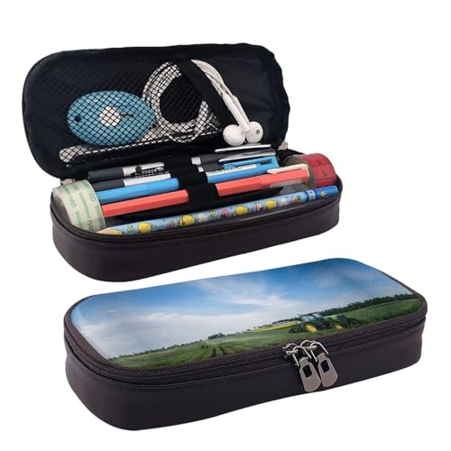 ZAQXSWCDEV Federmäppchen Traktor Farm Leder - Stilvolles braunes PU-Leder Federmäppchen mit Reißverschluss und doppelseitigem Druck - Perfekt für Schule, Büro, Reisen, Federmäppchen, Schwarz von ZAQXSWCDEV