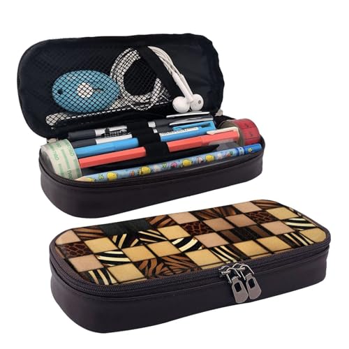 ZAQXSWCDEV Federmäppchen aus Denim-Patchwork-Leder, stilvolles braunes PU-Leder-Federmäppchen mit Reißverschluss und doppelseitigem Druck, perfekt für Schule, Büro, Reisen, Federmäppchen, Schwarz von ZAQXSWCDEV