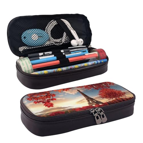 ZAQXSWCDEV Federmäppchen aus Leder, Motiv: Paris Tower und rote Blätter, stilvolles braunes PU-Leder-Federmäppchen mit Reißverschluss und doppelseitigem Druck, perfekt für Schule, Büro, Reisen von ZAQXSWCDEV