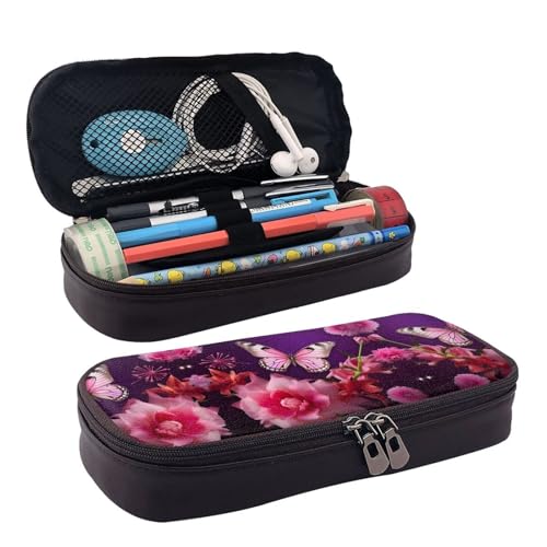 ZAQXSWCDEV Federmäppchen aus Leder, mit Blumenmotiv, stilvolles braunes PU-Leder Federmäppchen mit Reißverschluss und doppelseitigem Druck, perfekt für Schule, Büro, Reisen, Federmäppchen, Schwarz von ZAQXSWCDEV