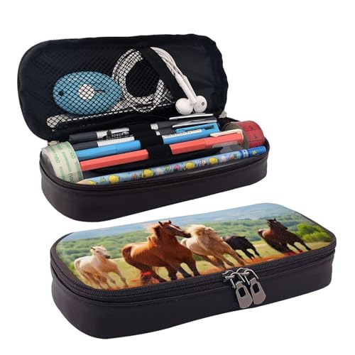 ZAQXSWCDEV Federmäppchen aus Leder, verschiedene Arten von Pferden, stilvolles braunes Federmäppchen aus PU-Leder, mit Reißverschluss und doppelseitigem Druck, perfekt für Schule, Büro, Reisen von ZAQXSWCDEV