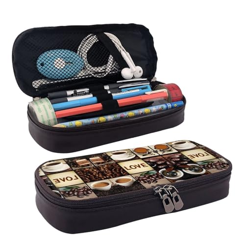 ZAQXSWCDEV Federmäppchen aus Leder mit Kaffee-Collage, stilvolles braunes Federmäppchen aus PU-Leder, mit Reißverschluss und doppelseitigem Druck, perfekt für Schule, Büro, Reisen, Federmäppchen von ZAQXSWCDEV