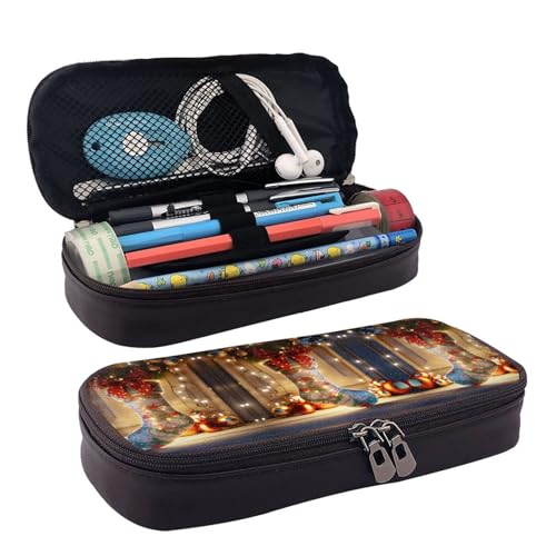 ZAQXSWCDEV Federmäppchen aus Leder mit Weihnachtssocken, stilvolles braunes Federmäppchen aus PU-Leder, mit Reißverschluss und doppelseitigem Druck, perfekt für Schule, Büro, Reisen, Federmäppchen von ZAQXSWCDEV