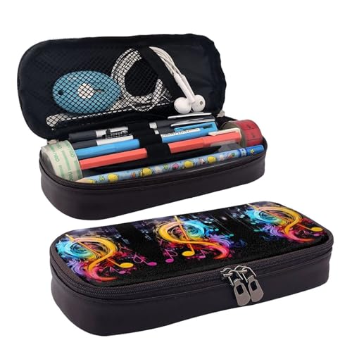 ZAQXSWCDEV Federmäppchen aus Leder mit bunten Musiknoten, stilvolles braunes PU-Leder-Federmäppchen mit Reißverschluss und doppelseitigem Druck, perfekt für Schule, Büro, Reisen, Federmäppchen von ZAQXSWCDEV