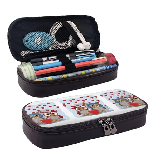 ZAQXSWCDEV Federmäppchen aus Leder mit niedlichem Eulenmotiv, stilvolles braunes Federmäppchen aus PU-Leder, mit Reißverschluss und doppelseitigem Druck, perfekt für Schule, Büro, Reisen von ZAQXSWCDEV