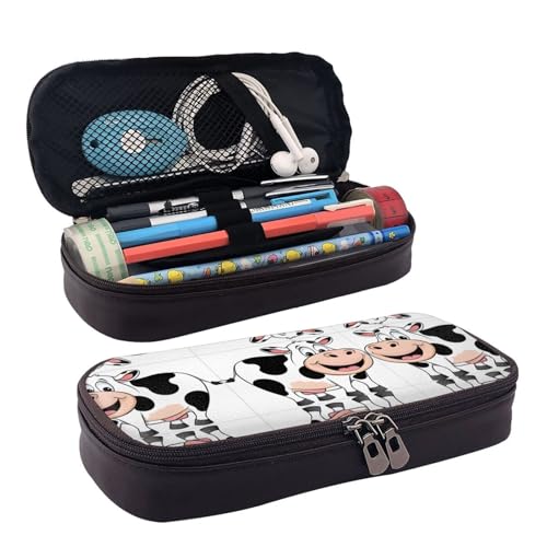 ZAQXSWCDEV Federmäppchen aus Leder mit niedlichem Kuhdruck, stilvolles braunes Federmäppchen aus PU-Leder, mit Reißverschluss und doppelseitigem Druck, perfekt für Schule, Büro, Reisen, Federmäppchen von ZAQXSWCDEV