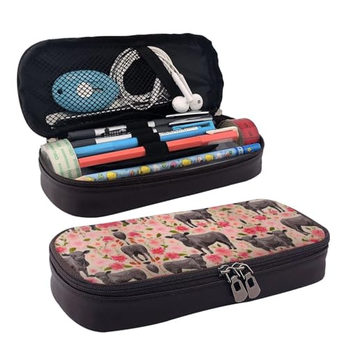 ZAQXSWCDEV Federmäppchen aus PU-Leder mit pinkem Blumenmotiv – stilvolles braunes PU-Leder Federmäppchen mit Reißverschluss und doppelseitigem Druck – perfekt für Schule, Büro, Reisen, Federmäppchen von ZAQXSWCDEV