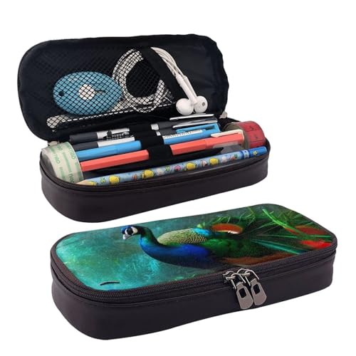 ZAQXSWCDEV Federmäppchen aus buntem Pfauenleder – stilvolles braunes Federmäppchen aus PU-Leder mit Reißverschluss und doppelseitigem Druck – perfekt für Schule, Büro, Reisen, Federmäppchen, Schwarz von ZAQXSWCDEV