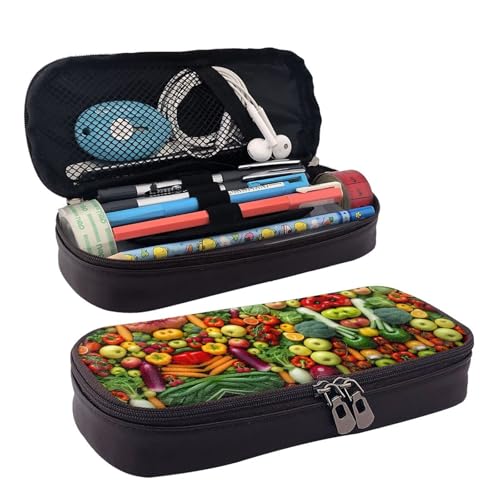 ZAQXSWCDEV Federmäppchen aus frischem Obst und Gemüse, stilvolles braunes PU-Leder Federmäppchen mit Reißverschluss und doppelseitigem Druck, perfekt für Schule, Büro, Reisen, Federmäppchen, Schwarz von ZAQXSWCDEV